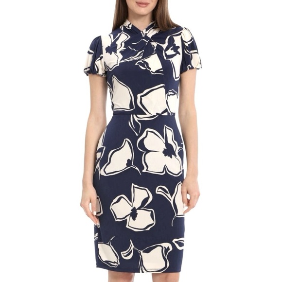 MAGGY LONODN Printed Stretch Twisted Mock Neck Short Sleeve Dress Size 10 - Picture 2 of 6